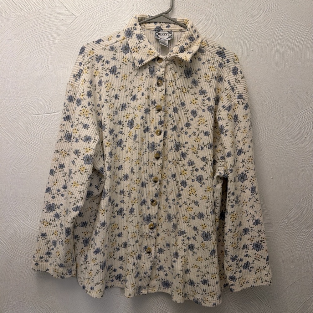 Corduroy Floral Button-Up Shirt with Blue and Yellow Flowers